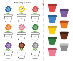 Match the colors activity for kids. Matching game with cute flowers and pots. Learning colors for toddlers. Cut and glue worksheet. Vector illustration - 623021625