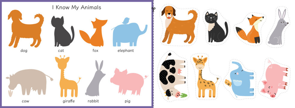 Match the animals activity for kids. Matching game with cute characters. Learning animals for toddlers. Cut and glue worksheet. Vector illustration