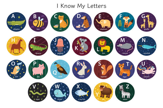 Animal alphabet stickers for kids. Letters from A to Z. Circle labels with letters and cute zoo characters. Educational poster. Vector illustration