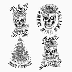 Fototapeta premium Set of colorful money vintage labels with skull, text. Fantasy, creative, meaningful concept of success, making money. White background. For prints, clothing, apparel, tattoo, t shirt, surface design