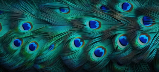 Obraz premium Animal bird background - Closeup of peacock feathers, top view (Generative Ai)