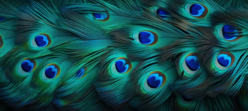 Animal bird background - Closeup of  peacock feathers, top view (Generative Ai)