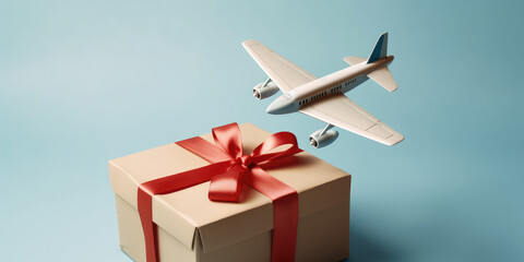 Gift box with holiday ribbon and toy airplane. Creative concept for airfare promotion, gift miles, favorable air travel. Isolated on flat background with copy space. Generative AI.