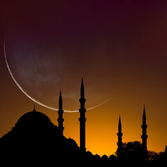 Islamic square format image. Silhouette of Suleymaniye Mosque with crescent moon