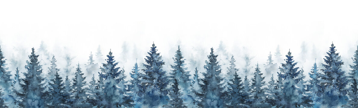 Hand painted illustration, watercolor seamless pattern with blue trees in the mist