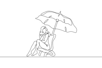 Girl sunbathes on the beach. Woman under an umbrella by the sea. Girl is resting at the resort. Linear.One continuous line drawn isolated, white background.