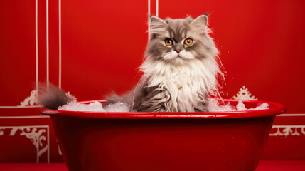 Cat taking a bath in a grooming salon, red background with empty space for text