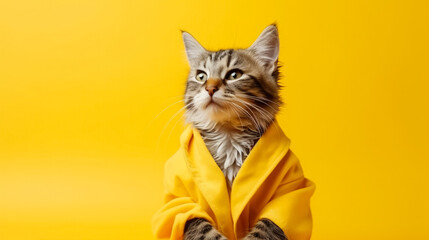 Cat in yellow clothes isolated on yellow background with copy space