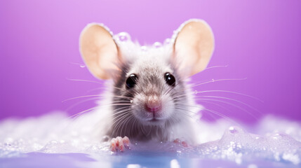 Cute rat taking shower on vivid background