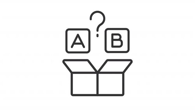 Product testing line animation. A and B variants above paper box animated icon. Quality assurance. Compare products. Black illustration on white background. HD video with alpha channel. Motion graphic
