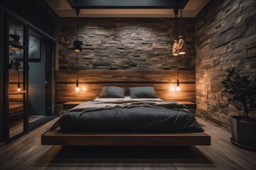 a contemporary stone pine bed with hanging lamps, LED illumination, and a black slatted ceiling. Generative AI