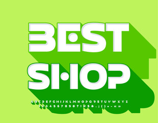 Vector creative sign Best Shop. 3D unique Font. Trendy style set of green Alphabet Letters and Numbers
