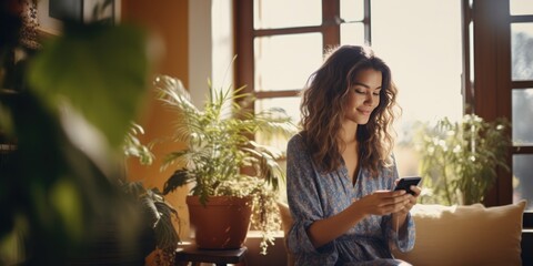 Happy beautiful woman checking social media holding smartphone sitting on a sofa at home. Smiling young woman using mobile phone app playing game, shopping online, ordering delivery, generative ai - obrazy, fototapety, plakaty