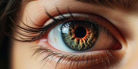 Fototapeta premium Open female green eye with makeup with black lashes, generative ai