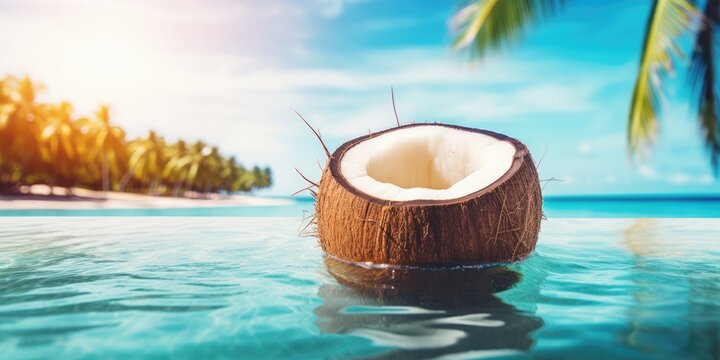 Coconut on tropical beach background. Summer concept. copy space, generative ai