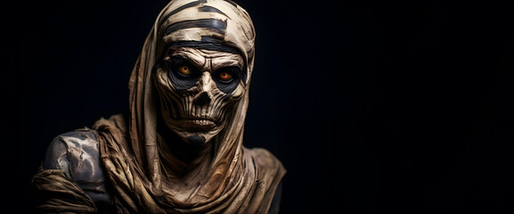 Ancient mummy on a dark background. Halloween image with copy space. Generative AI