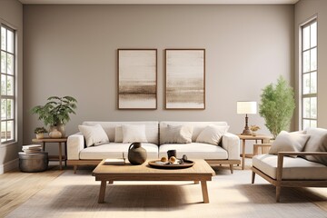 Fototapeta premium living room interior with posters on the wall. Grey settee near white cupboard in scandia living room