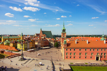 Aerial view of Royal Castle (also known as Zamek Krolewski) and historical buildings on Castle square (Plac Zamkowy) in the Old Town (Stare Miasto) of Warsaw, Poland.