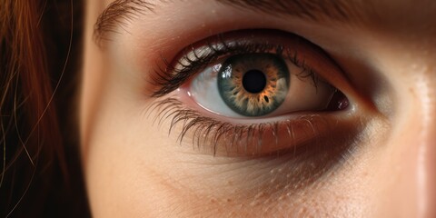 Fototapeta premium Open female green eye with makeup with black lashes, generative ai