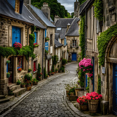 Fototapeta na wymiar Charming medieval street in old town. Picturesque countryside. Amazing digital illustration. CG Artwork Background