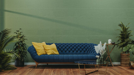 Green living room interior with leather sofa.