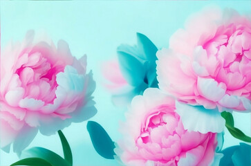 allure of our exquisite peonies, their large pink petals blossoming against a soothing light blue turquoise backdrop. Enveloped in a gentle, blurry soft filter, these stunning.