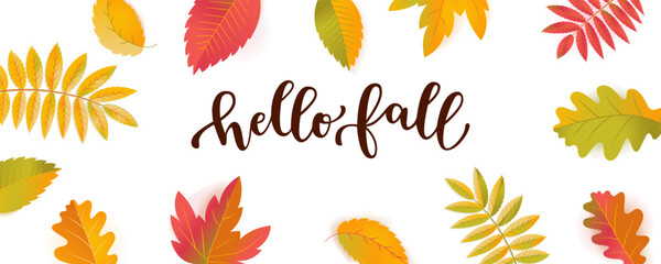 Vector Hello Fall Sale horizontal promotion banner. Bright warm colors design template. Vivid colorful realistic falling autumn leaves isolated on white background. Hello fall hand lettering
