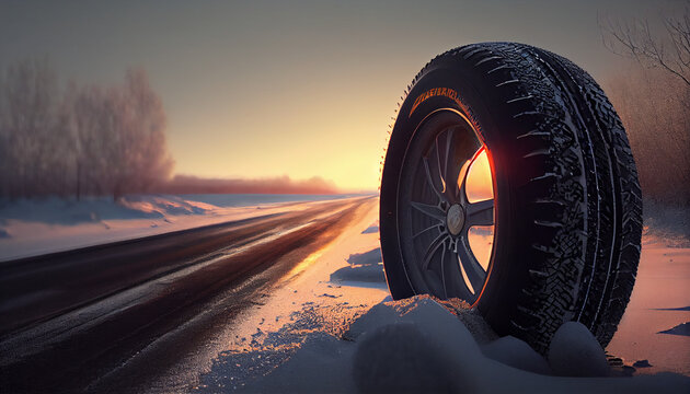 On an asphalt road, a mix of new winter and summer tires Ai generated image