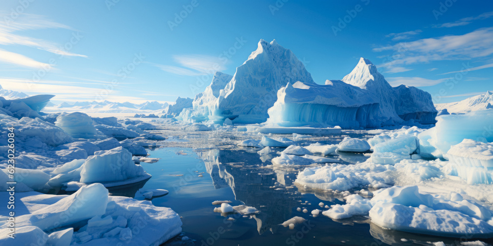 Canvas Prints ice icebergs and snow covered rocks against the sea created with the help of artificial intelligence