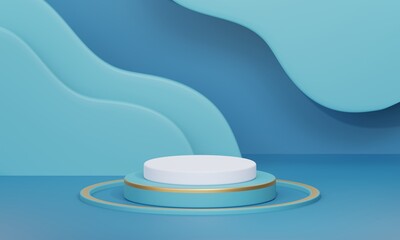 3D rendering blue product background stand or podium product background on advertising display with golden ball attributes. 3D rendering.