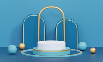 3D rendering blue product background stand or podium product background on advertising display with golden ball attributes. 3D rendering.