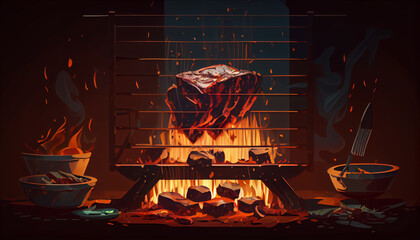 Roasted grilled food illustration, Preparing process of tasty juicy meat on grill fire, cooking. Indoor background Ai generated image