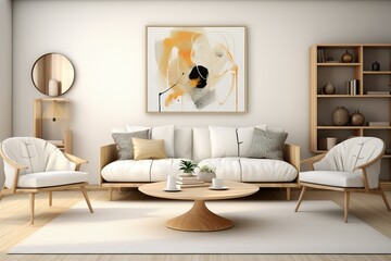living room interior with posters on the wall. Grey settee near white cupboard in scandia living room