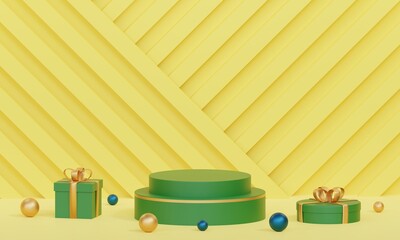 3D rendering yellow product background stand or podium product background on advertising display with golden ball and golden rings and gift parcel attributes. 3D rendering.