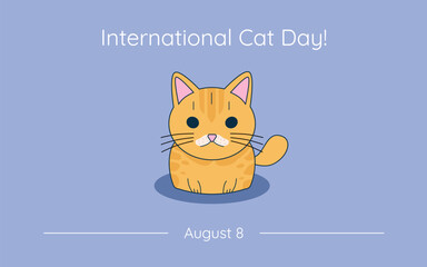 International Cat Day banner with cute flat cat on a light blue background, Cat Day invitation, celebration of August 8.