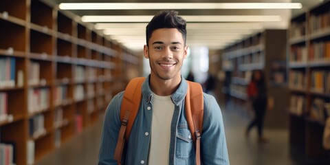 Cheerful male international student with backpack, standing near bookshelves at university library or book store during break between lessons. Education concept, generative ai