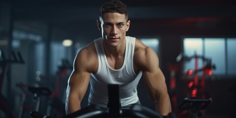 Fototapeta na wymiar Portrait of a Young athletic man in sportswear doing cycling on exercise bikes at the gym, generative ai