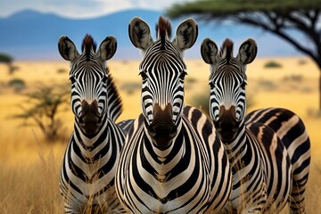 Three Zebras in the Serengeti A Captivating Wildlife Image. Generative AI
