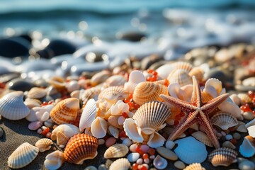 Fototapeta na wymiar Seashells and Starfish. A Serene Beachscape. Generative AI