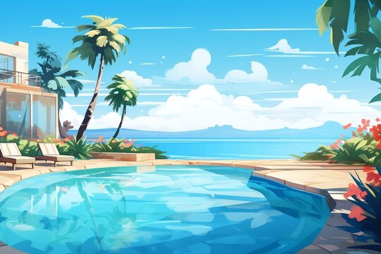 Stunning Summer Beach Landscape with Pool. Generative AI