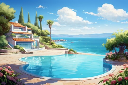 Stunning Summer Beach Landscape with Pool. Generative AI