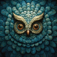 Artistic carved stone pebble mosaic art of an owl bird with captivating eyes, stacked and arranged in concentric circle patterns with detailed ornate textured complexity - generative AI