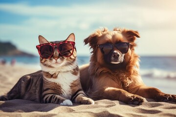 Two Pets Dog and Cat Spotted on a Beach with Unique Accessories. Generative AI