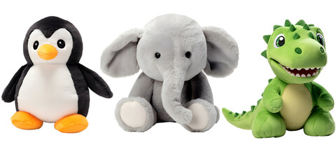 soft toys, dinosaur, penguin, elephant on transparent background PNG