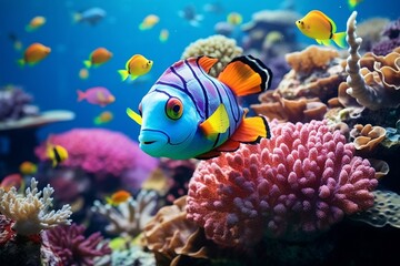 Fototapeta na wymiar Turtle with a Group of Colorful Fish and Sea Animals. Generative AI