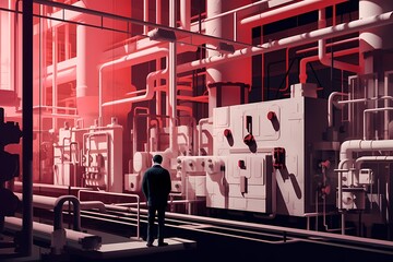 Conceptual image of businessman in suit looking at abstract factory interior. Thermal power plant