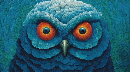 Radical and bizarre depiction of an owl with intense piercing gaze, captivating artistic surrealism, pop art colors of faded blue and green with round circle patterns - generative AI
