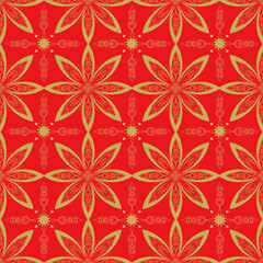 Bright red seamless floral pattern with abstract geometric flower gold on red background. Decorative oriental turkish background for textile, fabric, wallpaper, wrapping, ceramic tiles.