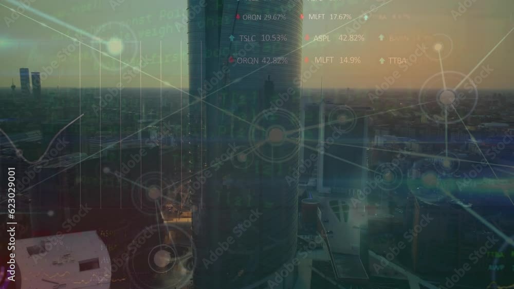 Poster animation of network of connections, statistical and stock market data processing against cityscape