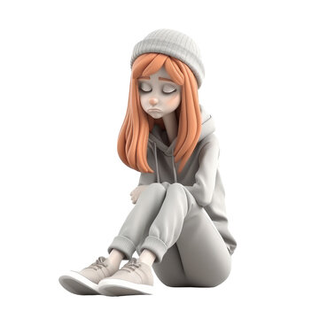 3d Icon Illustration Lonely Stress Woman Sitting Young Subdued Female Character Sad Thoughts. Depressed People Concept On Isolated Transparent Png Background. Generative Ai